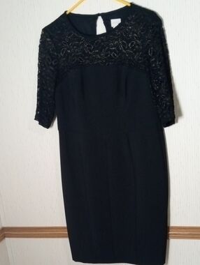 Chico's Black Lace Bodice quarter Sleeve Sheath Dress Holidays, Wedding Guest,